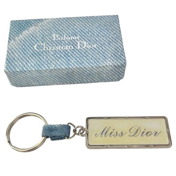 AUTH VTG Christian Dior Miss Dior Nameplate Logo Denim Keychain Key Holder Fob - Picture 7 of 14